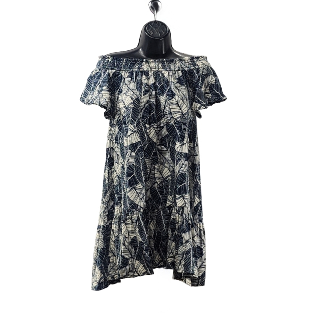 MARINE LAYER Navy and Cream Leaf Print Off-Shoulder Dress, size Small - Picture 2 of 6